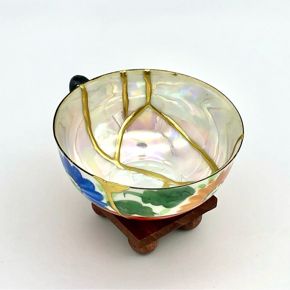 Retro Floral Teacup Kintsugi Eggshell Gold Crack Vtg MCM Japanese Growth Gift - Picture 15 of 16